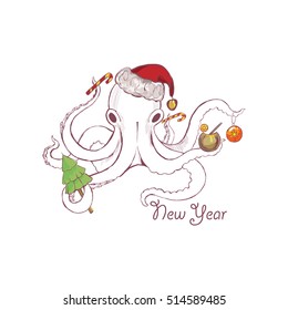 New Year in the tropics. Octopus in the hat of Santa Claus with Christmas decorations, 
caramel, cocktail and Christmas tree. Hand drawn illustration isolated on white background. Vector sketch.