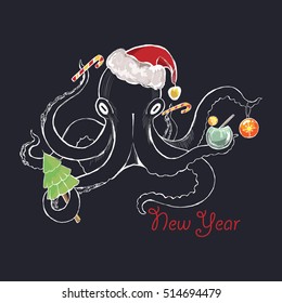 New Year in the tropics. Octopus in the hat of Santa Claus with Christmas decorations, caramel, cocktail and Christmas tree. Vector sketch. 