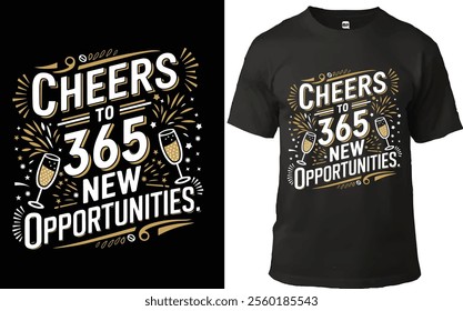 New Year T-shirt design featuring 'Cheers to 365 New Opportunities' in bold white and gold text with fireworks, stars, and champagne glasses. Perfect for celebrating fresh starts and new beginnings