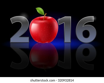 New Year Twenty-Sixteen: metal numerals with red apple instead of zero having weak reflection