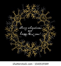 New year Typographic Cretaive Background 2020 With Christmas Golden snowflakes on black background. Vector graphics.