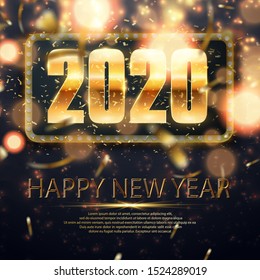 New Year Typographical Creative Background. Happy New 2020 Year. Holiday vector illustration of golden numbers 2020. Glittering confetti on black. Holiday decoration with sparkling tinsel particles.