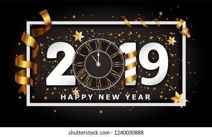 New Year Typographical Creative vector Background 2019 With Clock