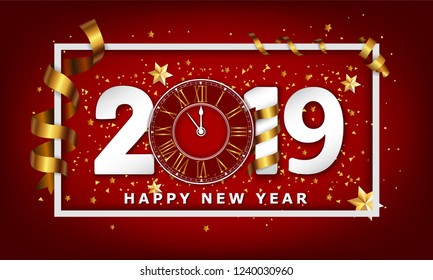 New Year Typographical Creative vector Background 2019 With Clock