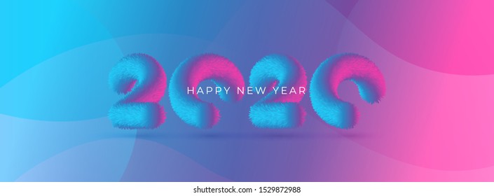 New Year Typographical Cretaive Background 2020. Holiday Vector Illustration With Fur Lettering Composition And Burst. Abstract festive label