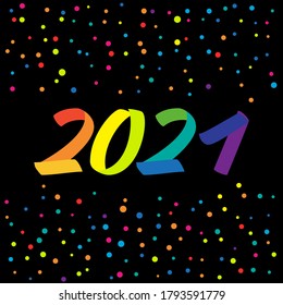 New Year typography rainbow LGBT brush sign lettering. Celebration 2021 card design elements on black background