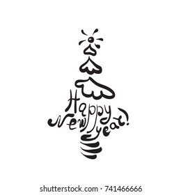 New year typography set in form of a Christmas tree, hand written lettering.