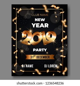 New Year vector 3d text poster on black background with golden 3D numbers 2019,lens flares,confetti,glowing stars,light flashes,highlight circles,greeting card,web online concept for party, event