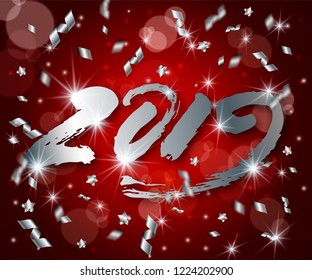 New Year vector abstract 3d background with silver 3D numbers 2019,greeting card,web online concept.Lens flares,confetti,glowing stars,light flashes,highlight circles on deep red backdrop