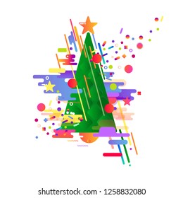 New Year. Vector abstract picture. Green Christmas tree and festive color ornaments. Balls, ribbons and bright idea for decoration. Festive greeting card, poster design. Winter season holiday