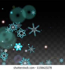 New Year Vector Background with Blue Falling Snowflakes Isolated on Transparent Background. Elegance Snow Sparkle Pattern. Snowfall Overlay Print. Winter Sky. Design for  Christmas Sale.