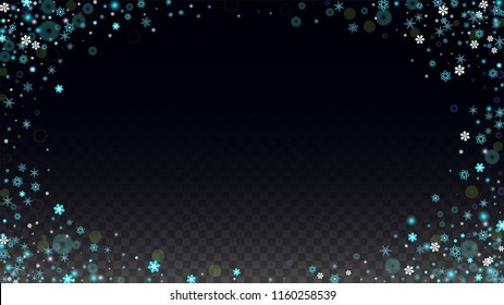 New Year Vector Background with Blue Falling Snowflakes Isolated on Transparent Background. Magic Snow Sparkle Pattern. Snowfall Overlay Print. Winter Sky. Design for  Banner.