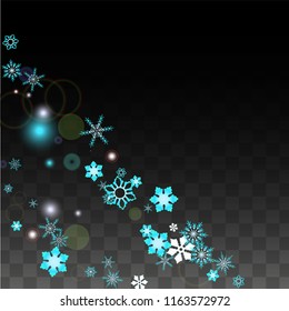 New Year Vector Background with Blue Falling Snowflakes Isolated on Transparent Background. Luxury Snow Sparkle Pattern. Snowfall Overlay Print. Winter Sky. Design for  Party Invitation.