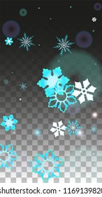 New Year Vector Background with Blue Falling Snowflakes Isolated on Transparent Background. Luxury Snow Sparkle Pattern. Snowfall Overlay Print. Winter Sky. Design for  Christmas Sale.