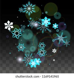 New Year Vector Background with Blue Falling Snowflakes Isolated on Transparent Background. Realistic Snow Sparkle Pattern. Snowfall Overlay Print. Winter Sky. Design for  Christmas Sale.