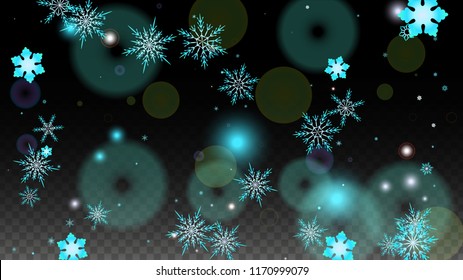 New Year Vector Background with Blue Falling Snowflakes Isolated on Transparent Background. Glitter Snow Sparkle Pattern. Snowfall Overlay Print. Winter Sky. Design for  Party Invitation.