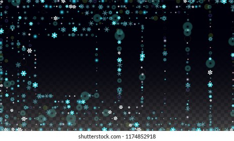 New Year Vector Background with Blue Falling Snowflakes Isolated on Transparent Background. Elegance Snow Sparkle Pattern. Snowfall Overlay Print. Winter Sky. Design for  Christmas Sale.