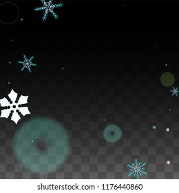New Year Vector Background with Blue Falling Snowflakes Isolated on Transparent Background. Fantasy Snow Sparkle Pattern. Snowfall Overlay Print. Winter Sky. Design for  Banner.