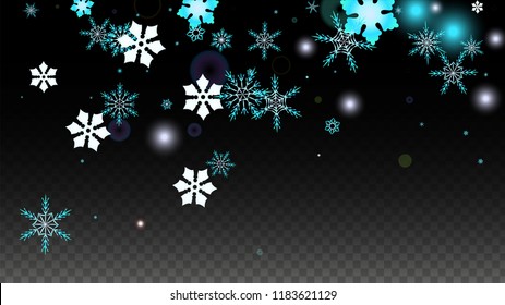 New Year Vector Background with Blue Falling Snowflakes Isolated on Transparent Background. Elegance Snow Sparkle Pattern. Snowfall Overlay Print. Winter Sky. Design for  Poster.