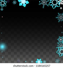 New Year Vector Background with Blue Falling Snowflakes Isolated on Transparent Background. Glitter Snow Sparkle Pattern. Snowfall Overlay Print. Winter Sky. Design for  Christmas Sale.