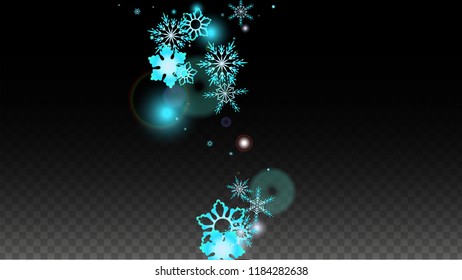 New Year Vector Background with Blue Falling Snowflakes Isolated on Transparent Background. Luxury Snow Sparkle Pattern. Snowfall Overlay Print. Winter Sky. Design for  Party Invitation.