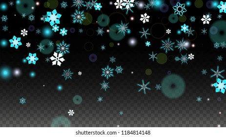 New Year Vector Background with Blue Falling Snowflakes Isolated on Transparent Background. Miracle Snow Sparkle Pattern. Snowfall Overlay Print. Winter Sky. Design for  Banner.