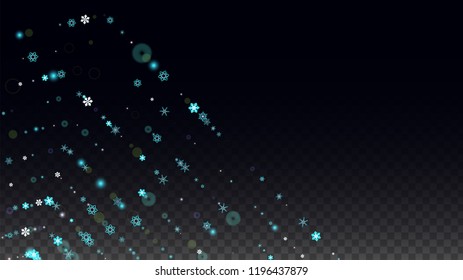 New Year Vector Background with Blue Falling Snowflakes Isolated on Transparent Background. Glitter Snow Sparkle Pattern. Snowfall Overlay Print. Winter Sky. Design for  Poster.
