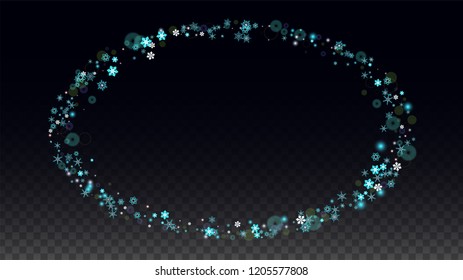 New Year Vector Background with Blue Falling Snowflakes Isolated on Transparent Background. Glitter Snow Sparkle Pattern. Snowfall Overlay Print. Winter Sky. Design for  Poster.