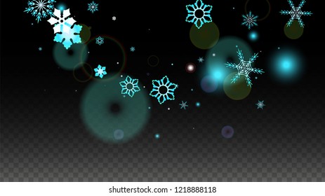 New Year Vector Background with Blue Falling Snowflakes Isolated on Transparent Background. Fantasy Snow Sparkle Pattern. Snowfall Overlay Print. Winter Sky. Design for  Poster.