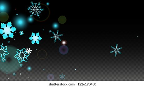 New Year Vector Background with Blue Falling Snowflakes Isolated on Transparent Background. Realistic Snow Sparkle Pattern. Snowfall Overlay Print. Winter Sky. Design for  Banner.