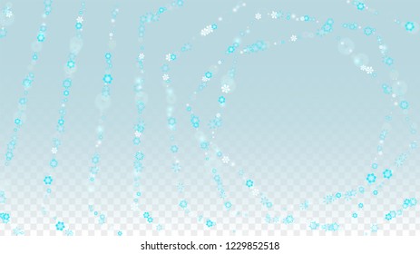 New Year Vector Background with Blue Falling Snowflakes Isolated on Transparent Background. Glitter Snow Sparkle Pattern. Snowfall Overlay Print. Winter Sky. Design for  Poster.