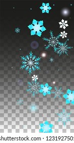 New Year Vector Background with Blue Falling Snowflakes Isolated on Transparent Background. Realistic Snow Sparkle Pattern. Snowfall Overlay Print. Winter Sky. Design for  Banner.