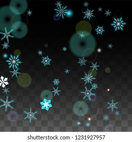 New Year Vector Background with Blue Falling Snowflakes Isolated on Transparent Background. Luxury Snow Sparkle Pattern. Snowfall Overlay Print. Winter Sky. Design for  Banner.