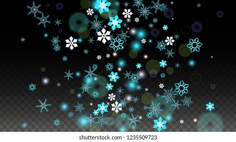 New Year Vector Background with Blue Falling Snowflakes Isolated on Transparent Background. Festival Snow Sparkle Pattern. Snowfall Overlay Print. Winter Sky. Design for  Christmas Sale.