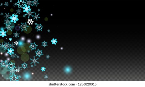 New Year Vector Background with Blue Falling Snowflakes Isolated on Transparent Background. Glitter Snow Sparkle Pattern. Snowfall Overlay Print. Winter Sky. Design for  Christmas Sale.