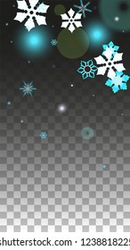 New Year Vector Background with Blue Falling Snowflakes Isolated on Transparent Background. Fantasy Snow Sparkle Pattern. Snowfall Overlay Print. Winter Sky. Design for  Christmas Sale.