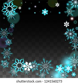 New Year Vector Background with Blue Falling Snowflakes Isolated on Transparent Background. Glitter Snow Sparkle Pattern. Snowfall Overlay Print. Winter Sky. Design for  Party Invitation.
