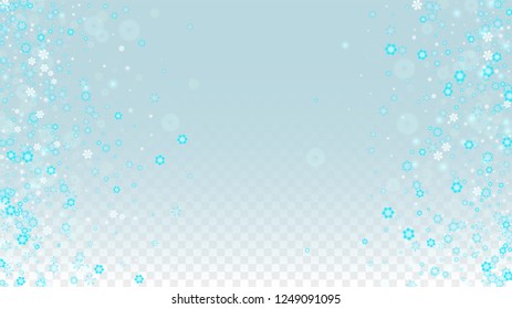 New Year Vector Background with Blue Falling Snowflakes Isolated on Transparent Background. Luxury Snow Sparkle Pattern. Snowfall Overlay Print. Winter Sky. Design for  Banner.