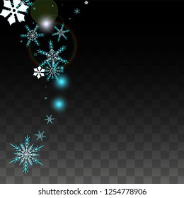 New Year Vector Background with Blue Falling Snowflakes Isolated on Transparent Background. Festival Snow Sparkle Pattern. Snowfall Overlay Print. Winter Sky. Design for  Party Invitation.