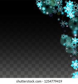 New Year Vector Background with Blue Falling Snowflakes Isolated on Transparent Background. Realistic Snow Sparkle Pattern. Snowfall Overlay Print. Winter Sky. Design for  Poster.