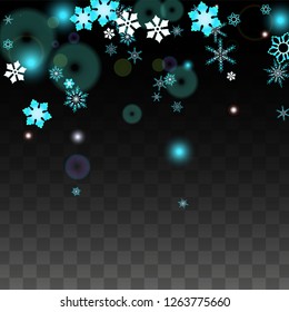 New Year Vector Background with Blue Falling Snowflakes Isolated on Transparent Background. Miracle Snow Sparkle Pattern. Snowfall Overlay Print. Winter Sky. Design for  Party Invitation.