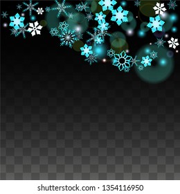 New Year Vector Background with Blue Falling Snowflakes Isolated on Transparent Background. Festival Snow Sparkle Pattern. Snowfall Overlay Print. Winter Sky. Design for  Christmas Sale.