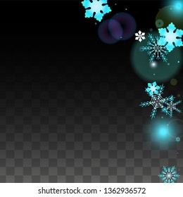 New Year Vector Background with Blue Falling Snowflakes Isolated on Transparent Background. Realistic Snow Sparkle Pattern. Snowfall Overlay Print. Winter Sky. Design for  Christmas Sale.