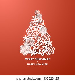 New year vector background with Christmas tree made of paper snowflakes