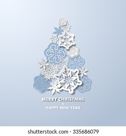 New year vector background with Christmas tree made of paper snowflakes.