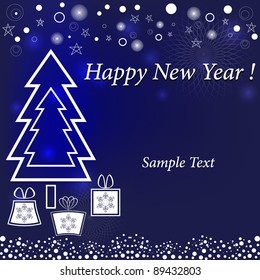 New Year vector background with Christmas tree and present boxes.