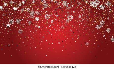 New Year Vector Background with Falling Glitter Snowflakes and Stars. Isolated on Transparent. Realistic Snow Twinkly Pattern. Glitter Overlay Print. Winter Party. Design for Web.