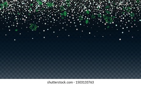 New Year Vector Background with Falling Glitter Snowflakes and Stars. Isolated on Transparent. Luxurious Snow Confetti Pattern. Glitter Overlay Print. Winter Sky. Design for Party Invitation.