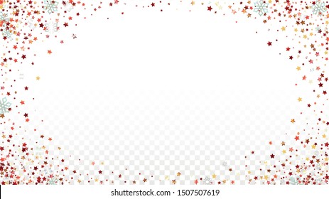 New Year Vector Background with Falling Glitter Snowflakes and Stars. Isolated on Transparent. Elegance Snow Twinkly Pattern. Glitter Overlay Print. Winter Party. Design for Poster.