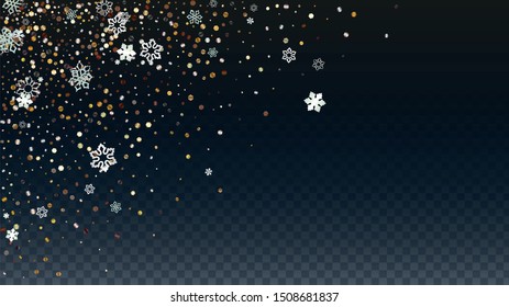 New Year Vector Background with Falling Glitter Snowflakes and Stars. Isolated on Transparent. Realistic Snow Sparkle Pattern. Snowfall Overlay Print. Winter Sky. Design for Sale.